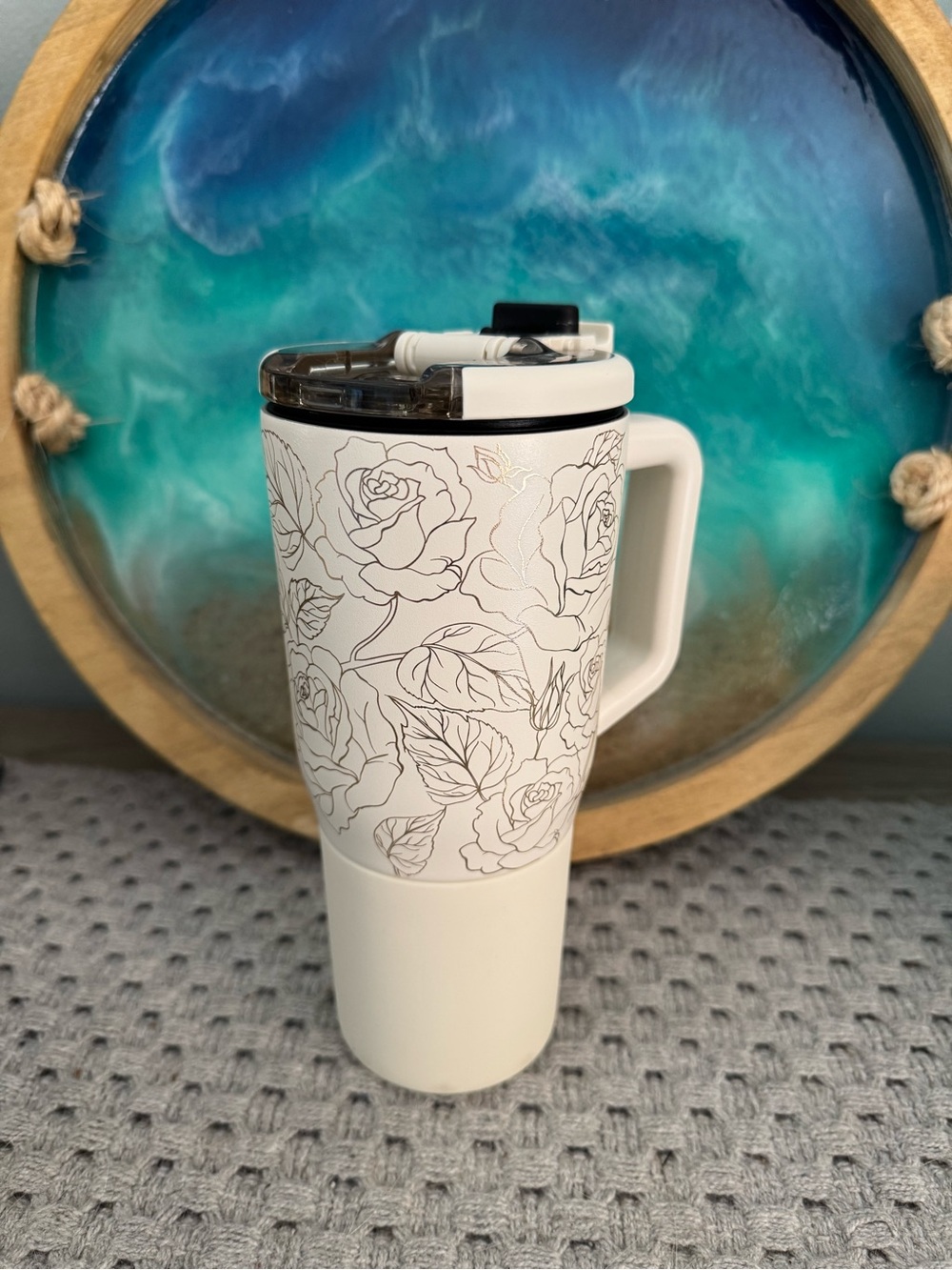 White Floral Insulated Travel Mug with Handle